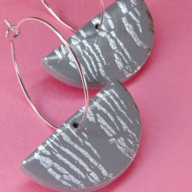 Art Deco Grey and Silver Hoops Semi-Circle Drop Earrings